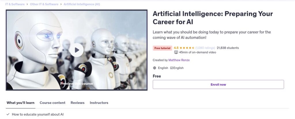 Artificial Intelligence: Preparing Your Career for AI – Free Udemy Course by Matthew Renze