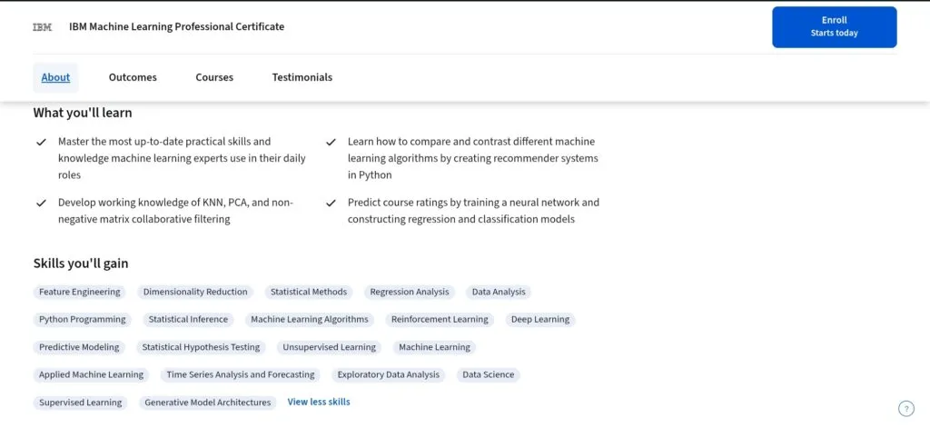 IBM Machine Learning Professional Certificate Skills