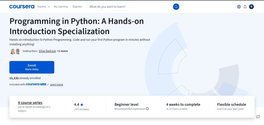Programming in Python: A Hands-on Introduction Specialization – Coursera