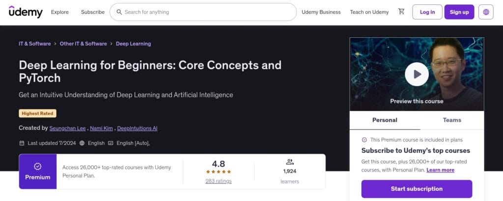 Deep Learning for Beginners: Core Concepts and PyTorch (Udemy) Deep Learning for Beginners: Core Concepts and PyTorch (Udemy)