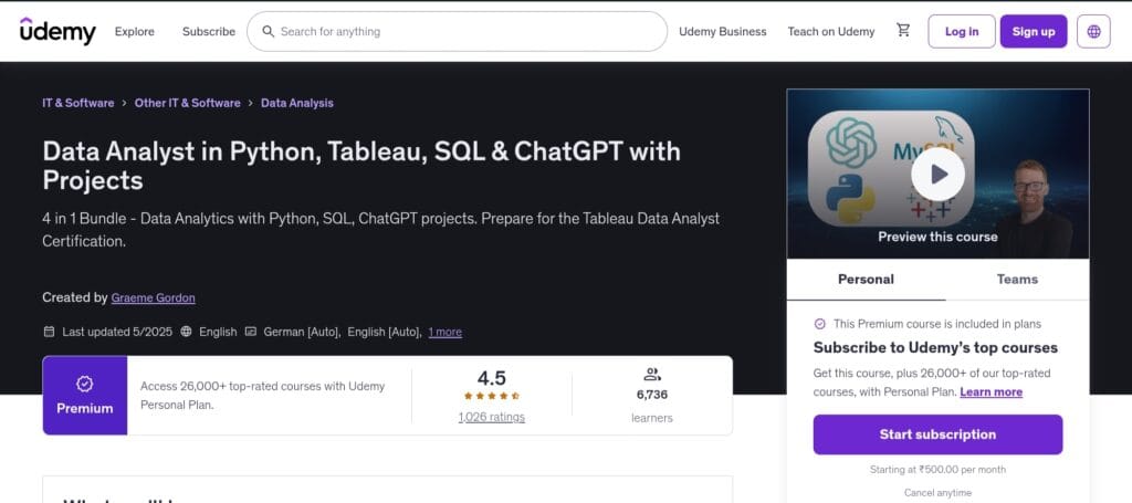 Data Analytics in Python, MySQL, and ChatGPT with Tableau course on Udemy