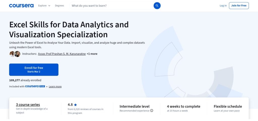 Excel Skills for Data Analytics and Visualization Specialization – Best for Excel-Focused Analysts