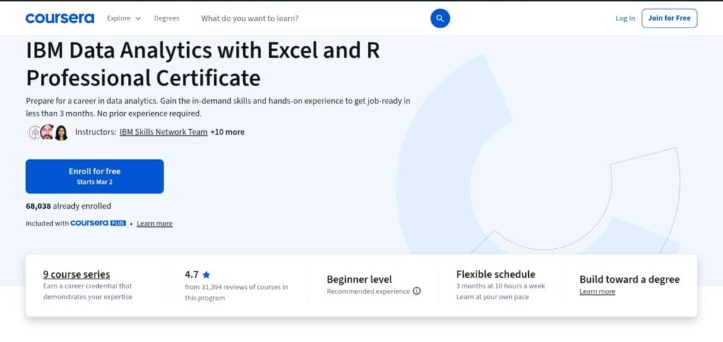 IBM Data Analyst with R and Excel Professional Certificate – Best for R & Excel Integration