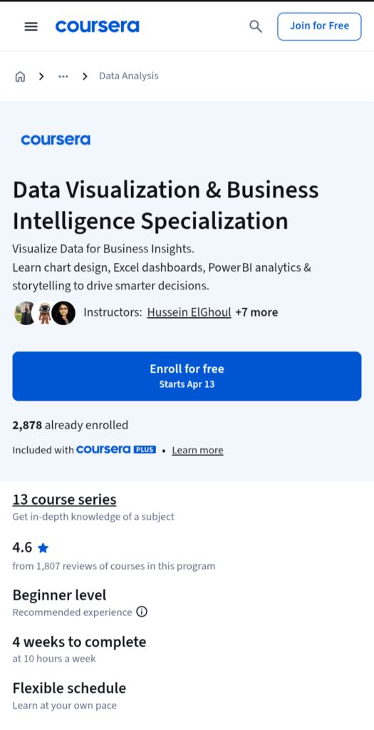 Data Visualization and BI Specialization, Coursera