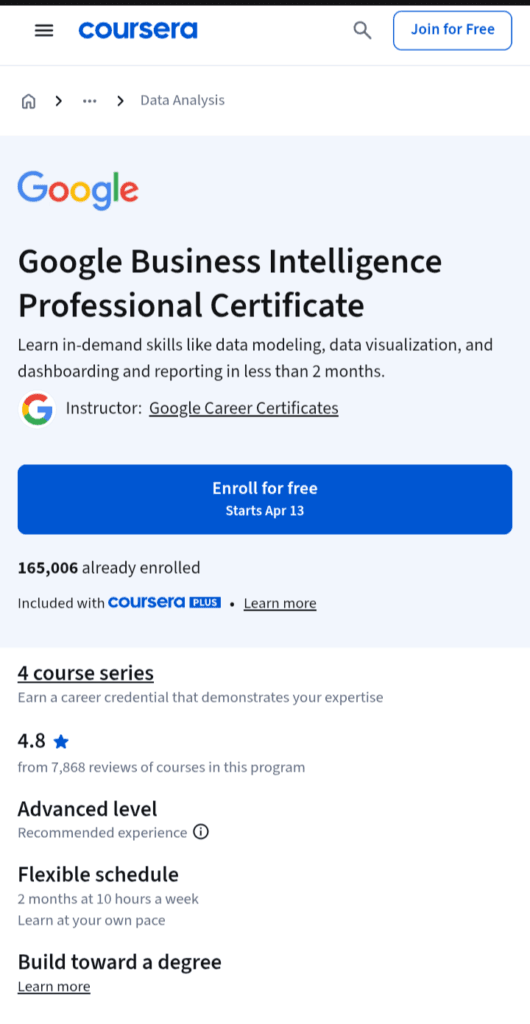 Google BI Professional Certificate, Coursera
