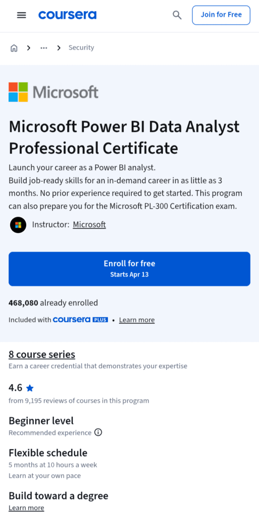 Microsoft Power BI Data Analyst Professional Certificate, Coursera