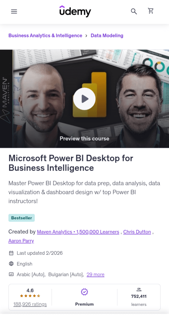 Microsoft Power BI Desktop for BI, Udemy